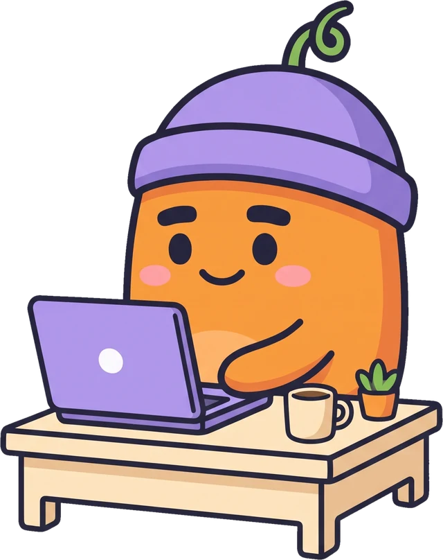 La mascotte de Téo travaille sur son ordinateur
